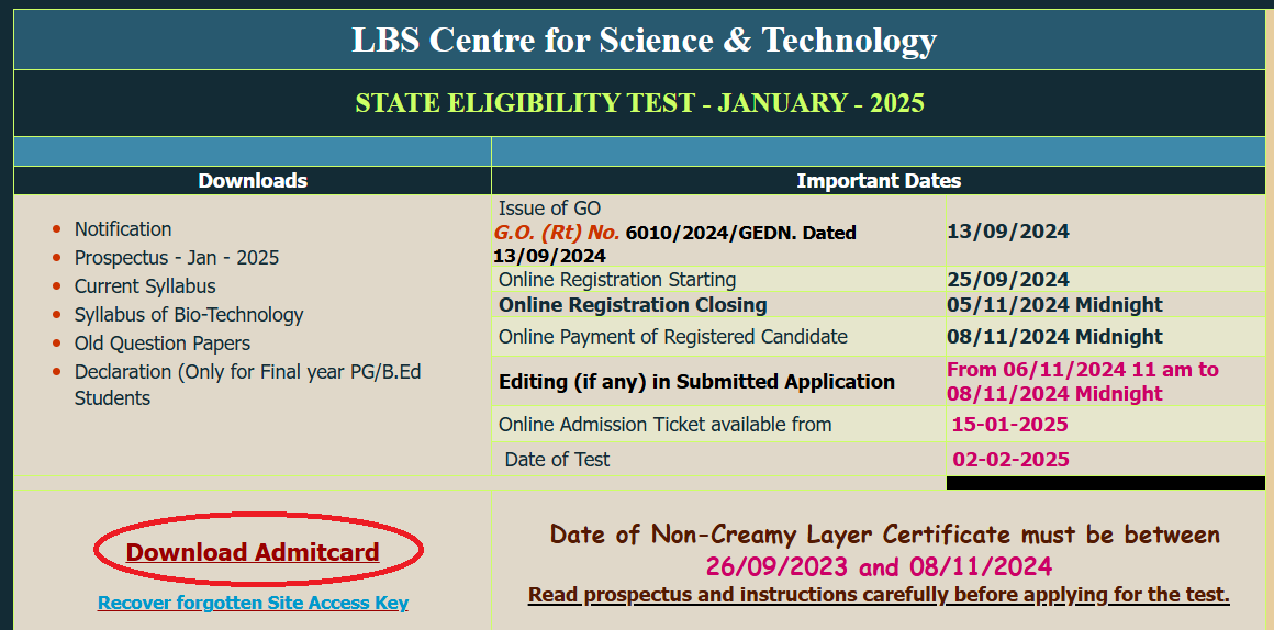 kerala set admit card 2025